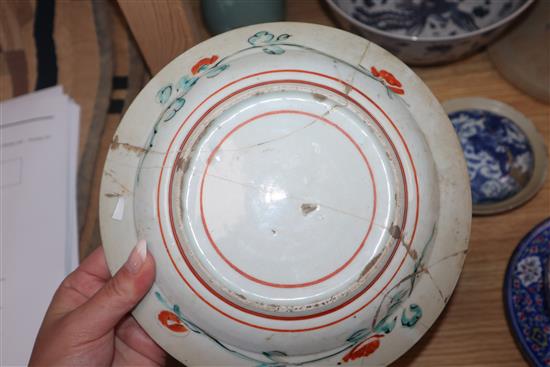 Two Persian Chinese enamel bowls and saucer, a blue and white vase, another plate and a dish